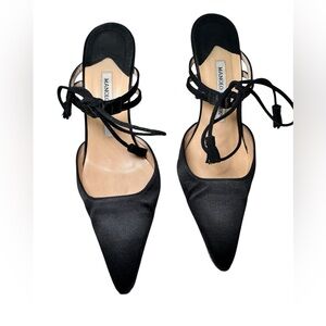 Manolo Blahnik "Cjinet" Black Satin Pointed Toe Ankle Tie Sandals Heels SZ37/7